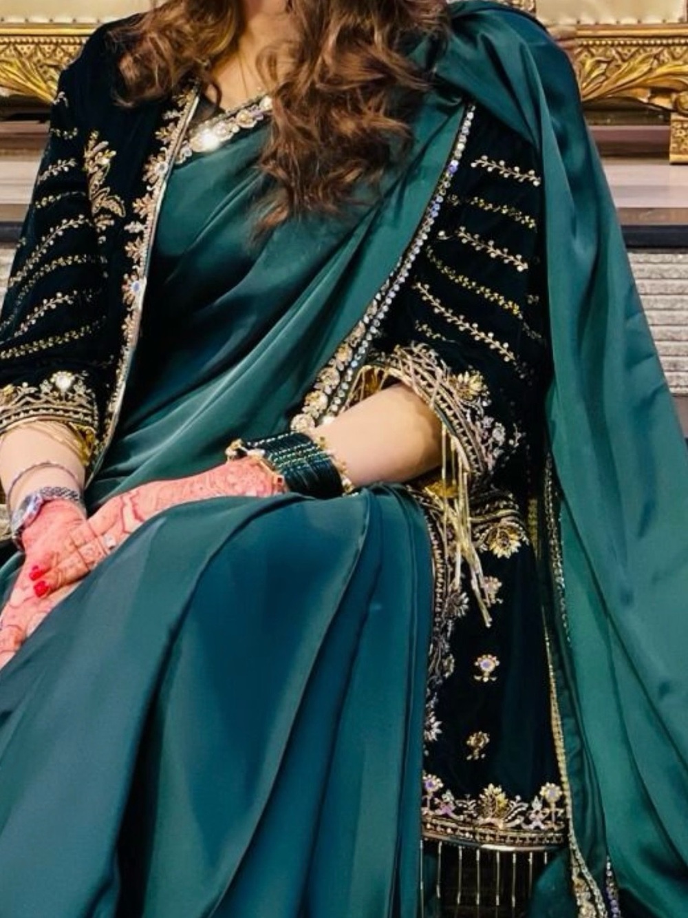 Women's Emerald Green Satin saree blouse  with Embellished saree Cuffs